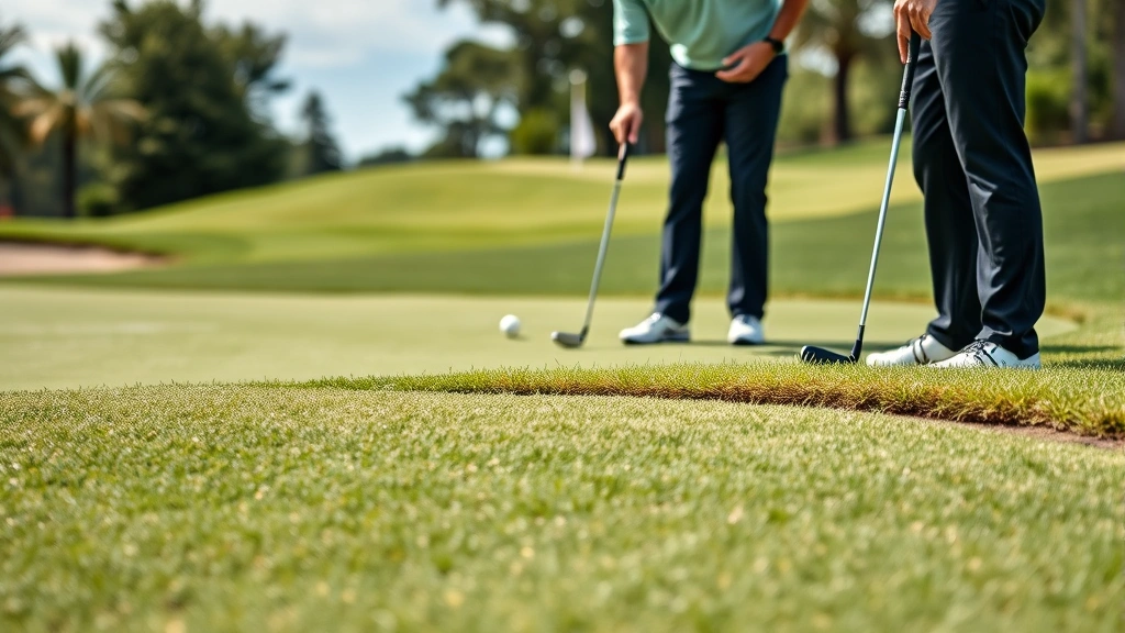 Close-up of golfer's hand pointing at strategic bunker placement near green, discussing course strategy with playing partner, natural outdoor golf course setting, professional golfers in action