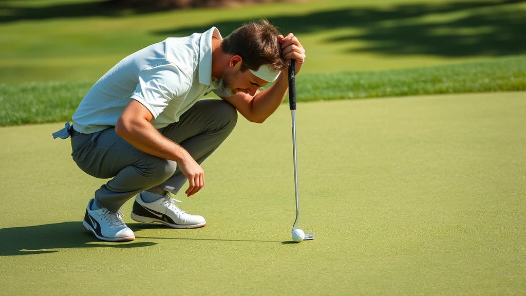 Experienced golfer reading green before putting, crouched position analyzing slope and break, professional assessment, well-maintained putting surface, natural lighting
