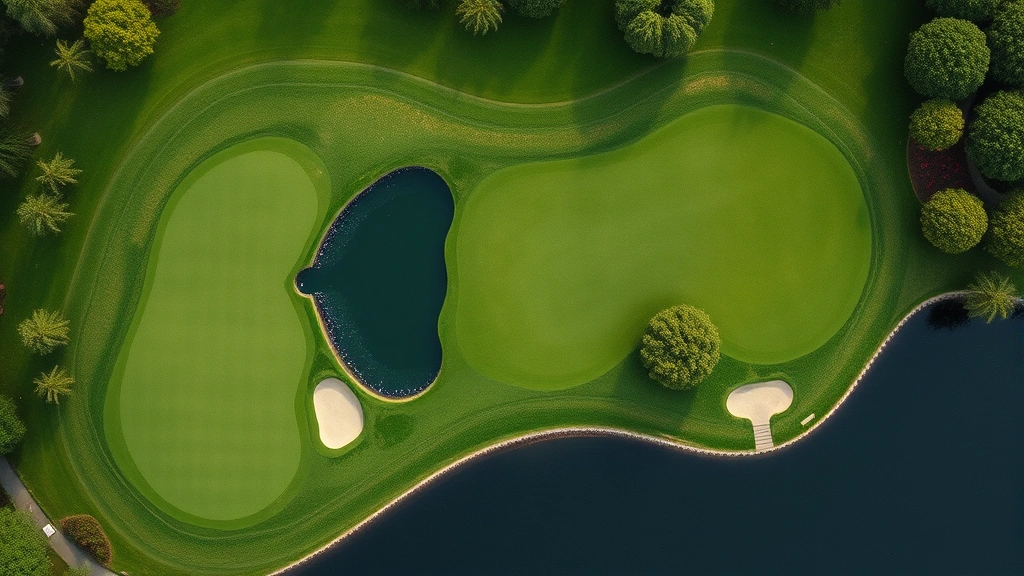 Aerial view of golf hole showing strategic water hazard placement, fairway positioning, and green contours from above, landscape design visible, professional championship course layout