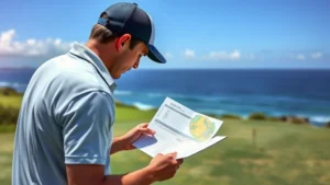 Professional golfer analyzing Caribbean course layout with elevation changes and trade wind patterns visible, studying scorecard on fairway with ocean horizon background, focused concentration and strategic planning