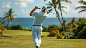 Professional golfer mid-swing on tropical Caribbean golf course with ocean horizon in background, lush green fairway, natural Caribbean landscape, warm sunlight, demonstrating proper form