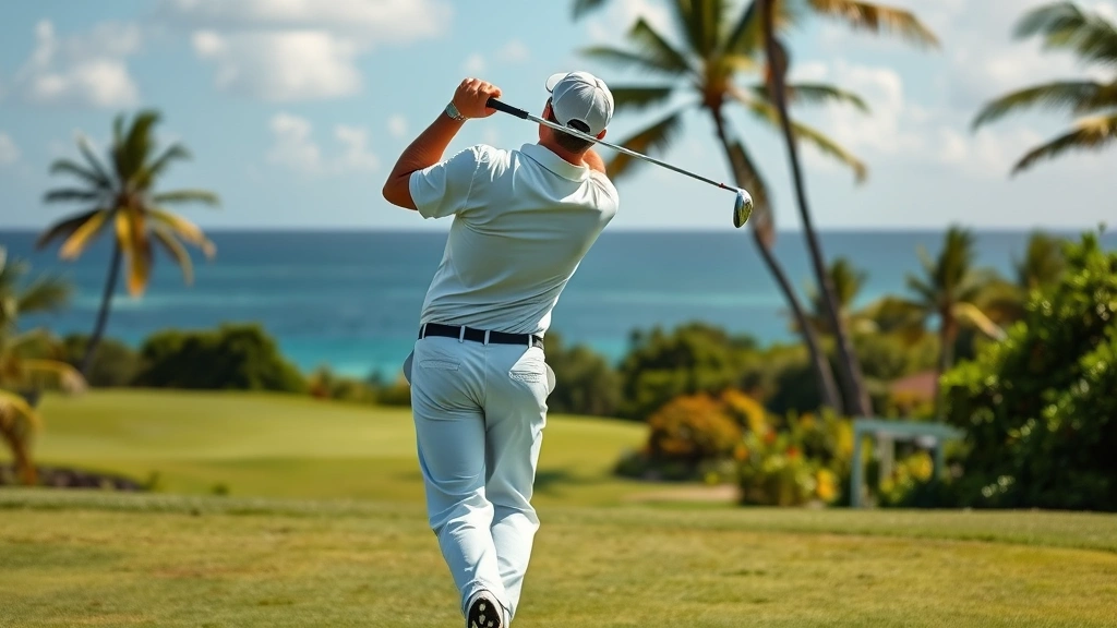 Professional golfer mid-swing on tropical Caribbean golf course with ocean horizon in background, lush green fairway, natural Caribbean landscape, warm sunlight, demonstrating proper form