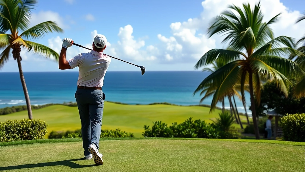 Professional golfer executing a full swing on elevated Caribbean fairway with ocean horizon backdrop, demonstrating proper form and balance during golf shot