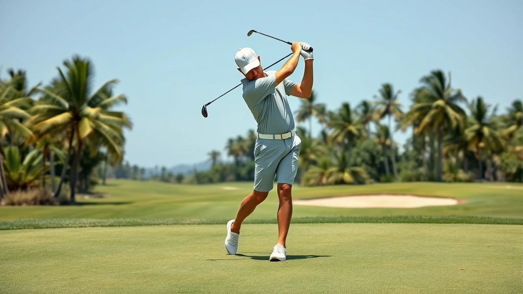 Golfer executing precise iron shot from fairway with tropical vegetation and bunkers visible, demonstrating proper form and follow-through, clear sunny conditions with natural course features in background