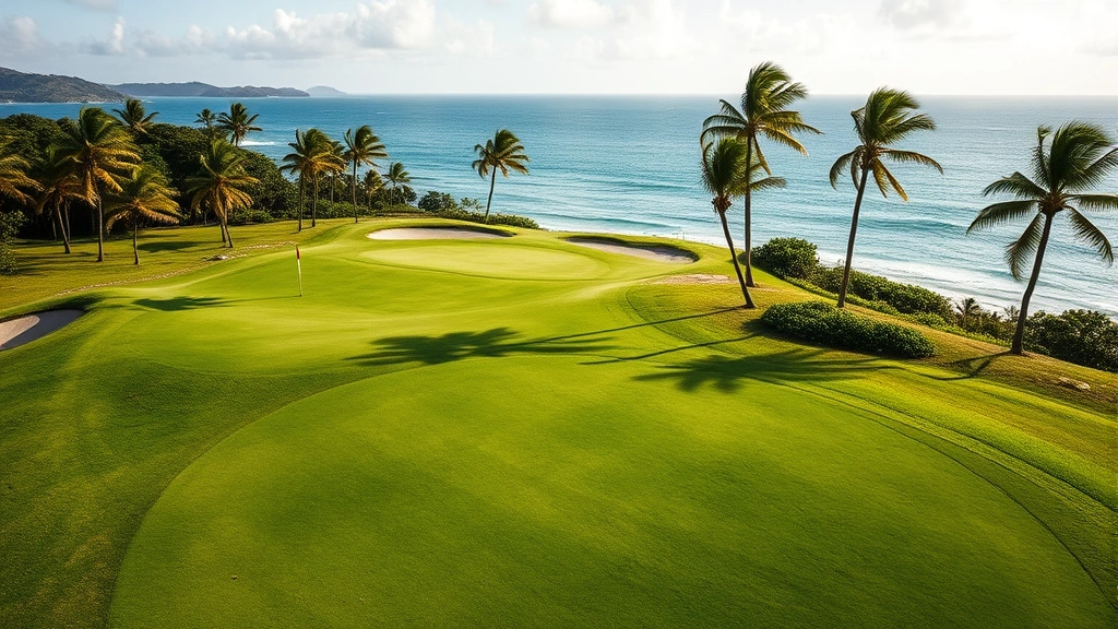 Elevated view of pristine Caribbean golf course green with undulating terrain, water hazard visible in distance, trade wind-bent palm trees, dramatic coastal scenery, professional course design