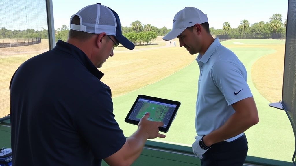 Professional golf instructor providing real-time feedback to student using video analysis technology on a tablet, both standing on practice range with balls visible