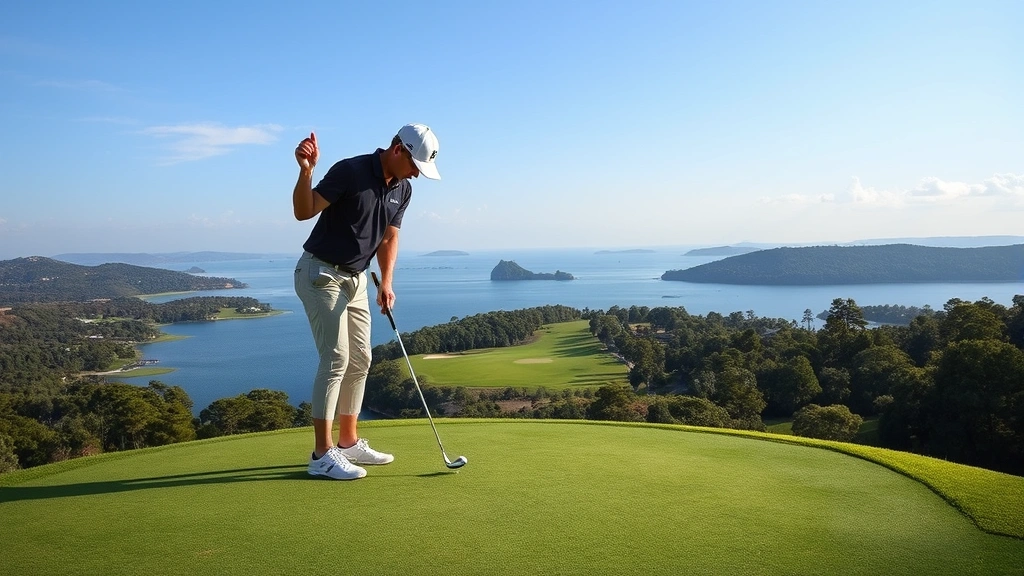 Golfer on elevated green with water hazards and island landscape visible, putting with careful deliberation, showing mental focus and strategic decision-making in championship course setting