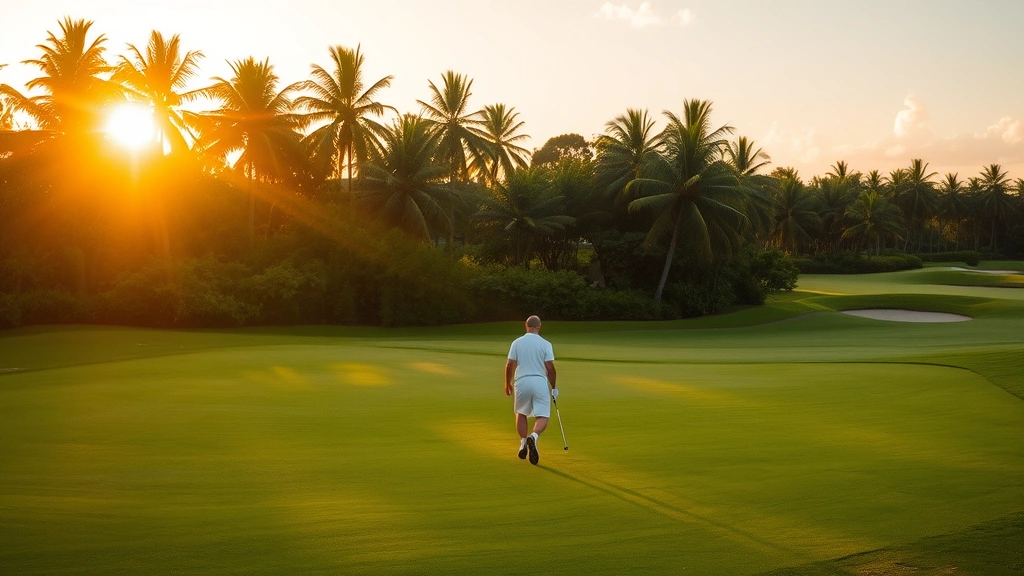 Golfer walking on tropical fairway during golden hour, warm Caribbean sunlight, natural vegetation framing the course, strategic hazard positioning visible, peaceful yet challenging playing conditions