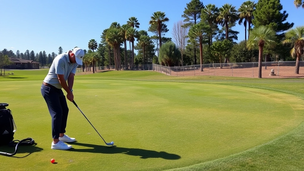 Golfer practicing short-game shots around practice green, executing chip shots and pitches from various distances with golf balls and practice targets visible