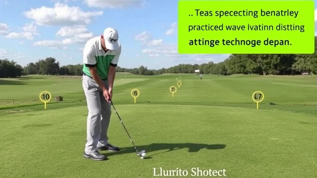 Golfer practicing chip shots on a lush practice green with multiple targets and distance markers, showing focused deliberate practice technique