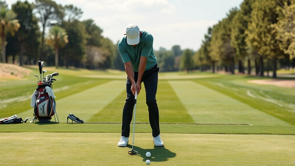 Professional golfer demonstrating proper grip and stance position on practice range with golf balls and clubs visible, clear day with manicured grass