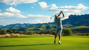 Professional golfer mid-swing on a beautiful fairway with rolling hills and blue sky in background, natural Utah landscape lighting