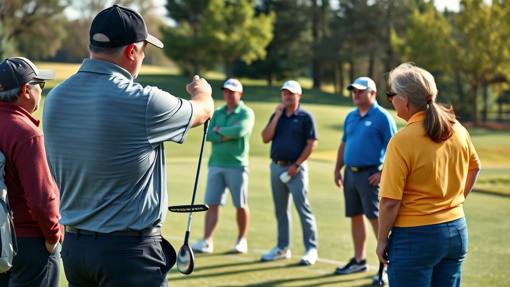 Professional golf instructor demonstrating proper swing mechanics to diverse group of adult students at outdoor practice range during daytime, showing hands-on guidance and attentive learners