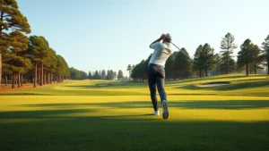 Golfer mid-swing on lush fairway with pine trees and bunkers visible, natural lighting, professional golf course setting, photorealistic