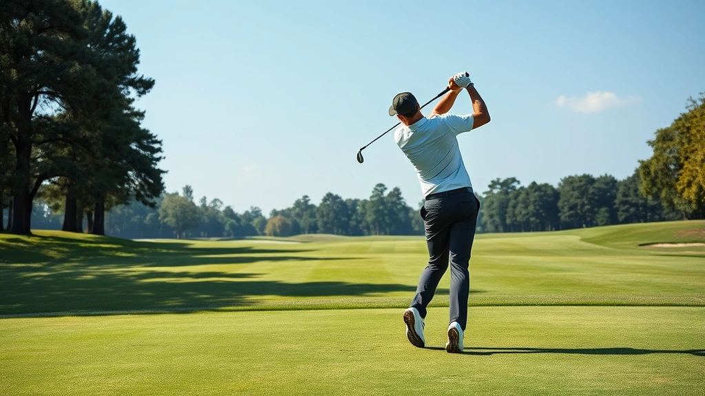 Professional golfer mid-swing on pristine fairway with manicured greens and trees in background, dynamic motion capture