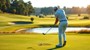 Professional golfer executing perfect iron shot on beautiful manicured fairway with water hazard visible, realistic golf course landscape, afternoon sunlight