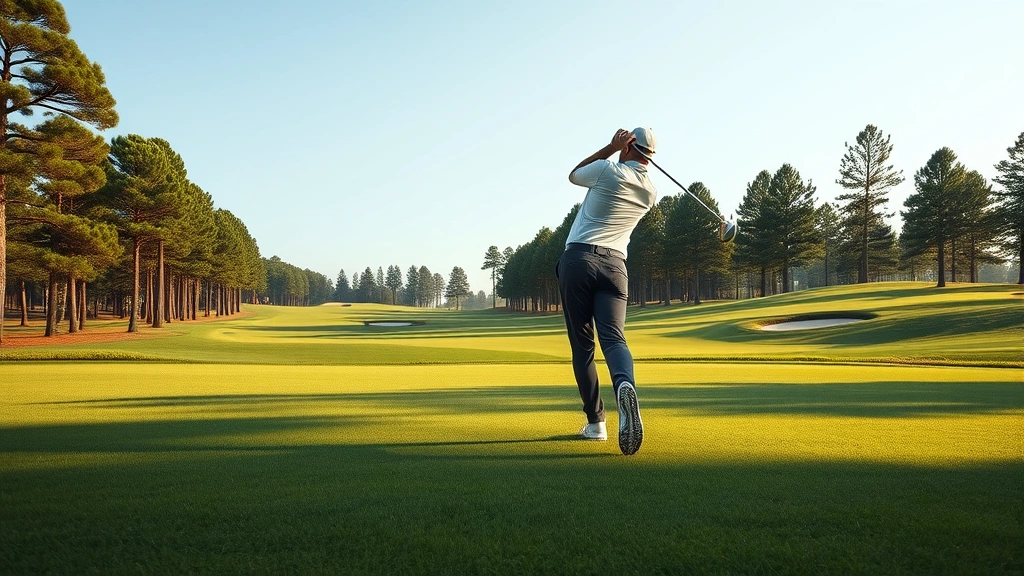 Golfer mid-swing on lush fairway with pine trees and bunkers visible, natural lighting, professional golf course setting, photorealistic
