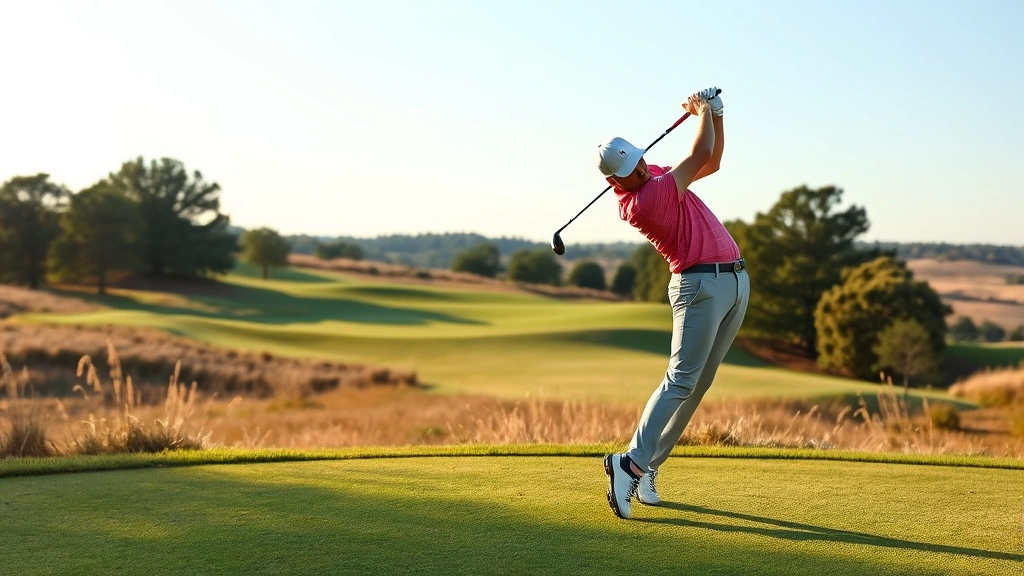 Golfer mid-swing showing proper rotation and weight transfer on fairway with beautiful course landscape in background, natural lighting