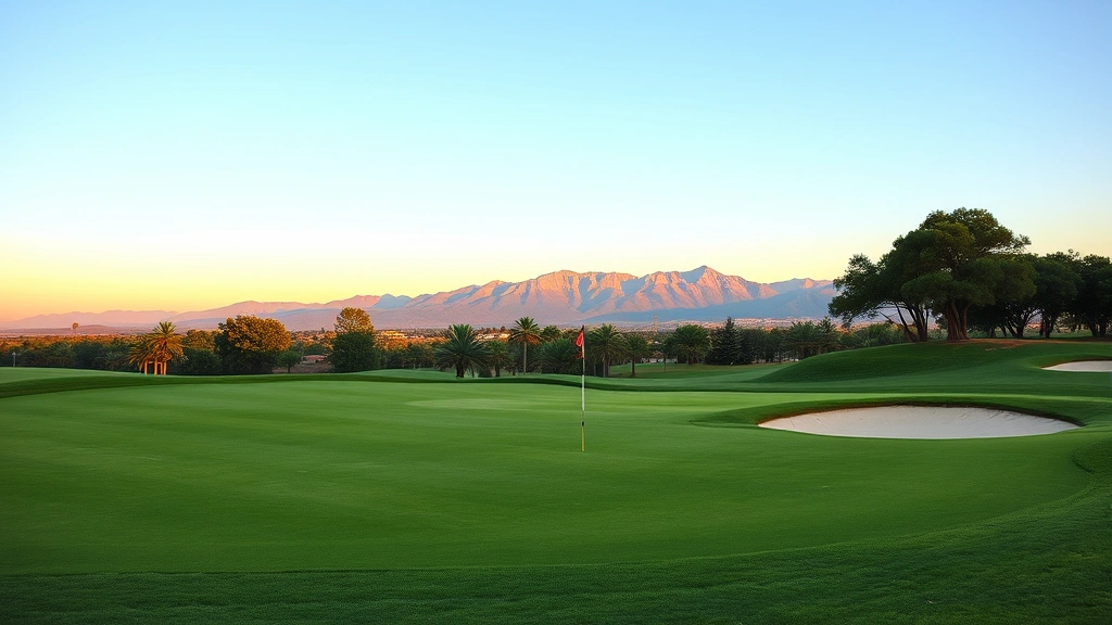 Well-maintained golf course green with sand bunkers, manicured grass, and mountain scenery visible in the distance during golden hour