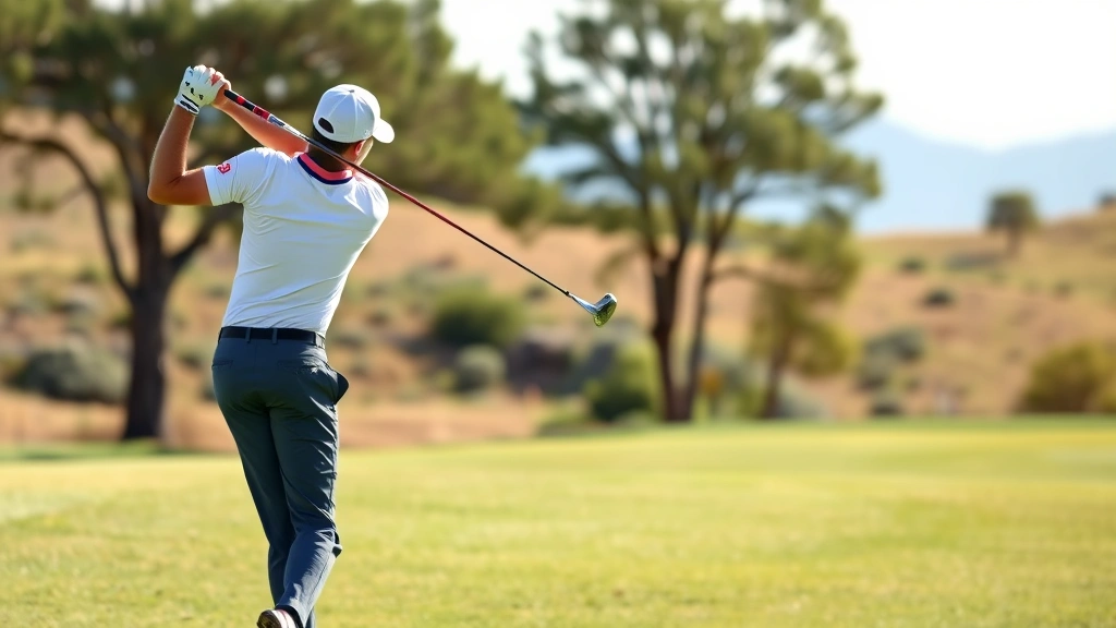 Golfer mid-swing on scenic fairway with natural landscape background, demonstrating focus and concentration during actual course play with varied terrain visible