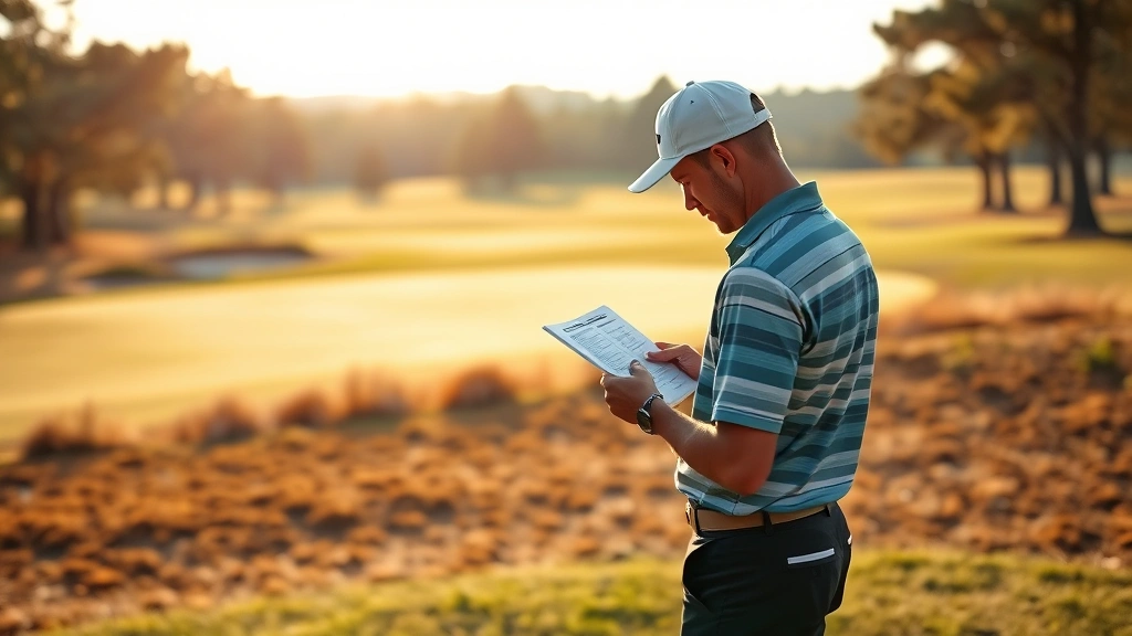 Golfer analyzing course layout while standing on tee box, studying scorecard with concentration, morning sunlight on course