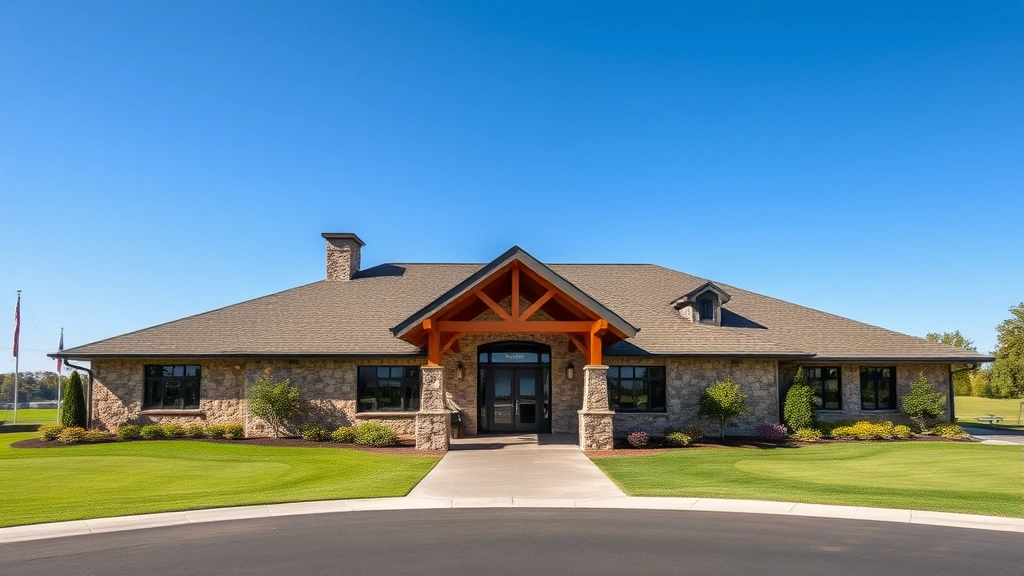 Golf course clubhouse exterior with manicured grounds, stone architecture, welcoming entrance, clear blue sky, professional facility appearance