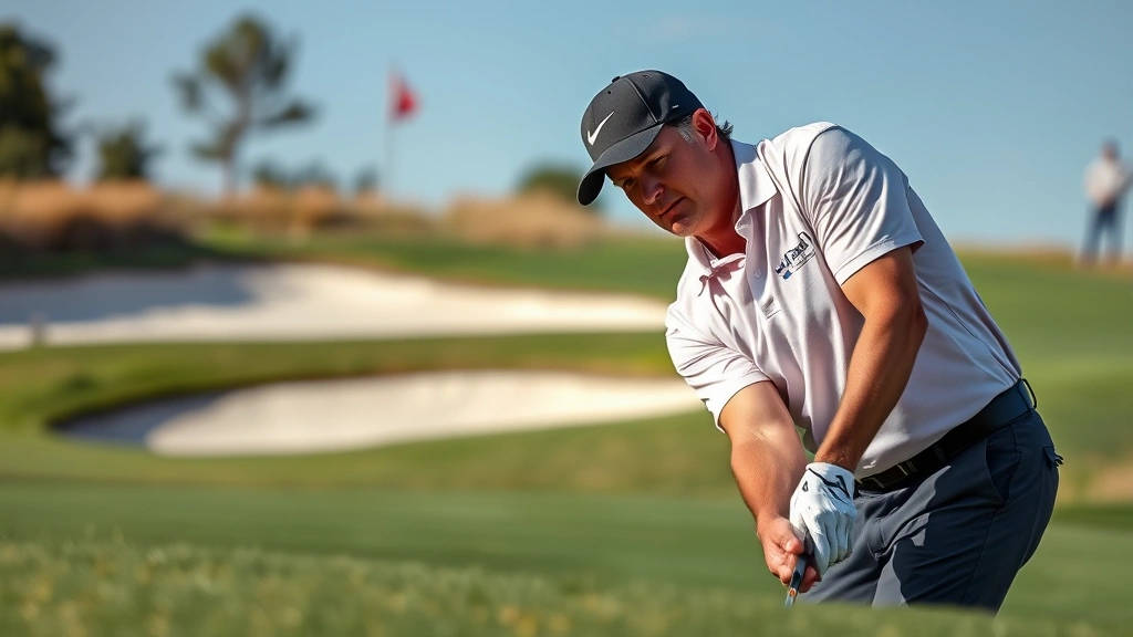 Golfer chipping near green with focused expression, demonstrating short game technique with bunker and pin visible in background