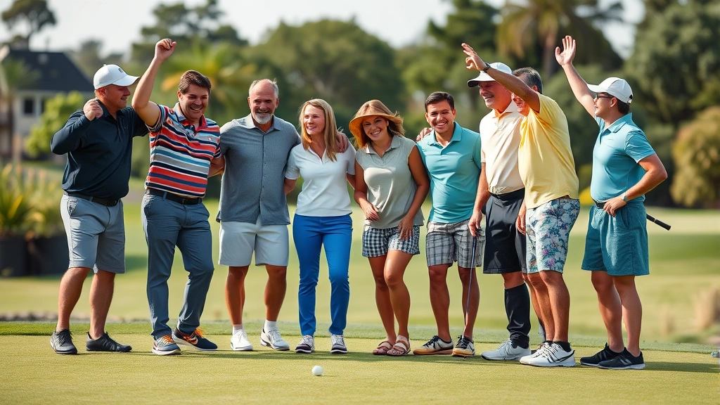 Diverse group of golfers celebrating successful shot on green, showing emotional engagement, camaraderie, and positive community atmosphere in outdoor golf setting