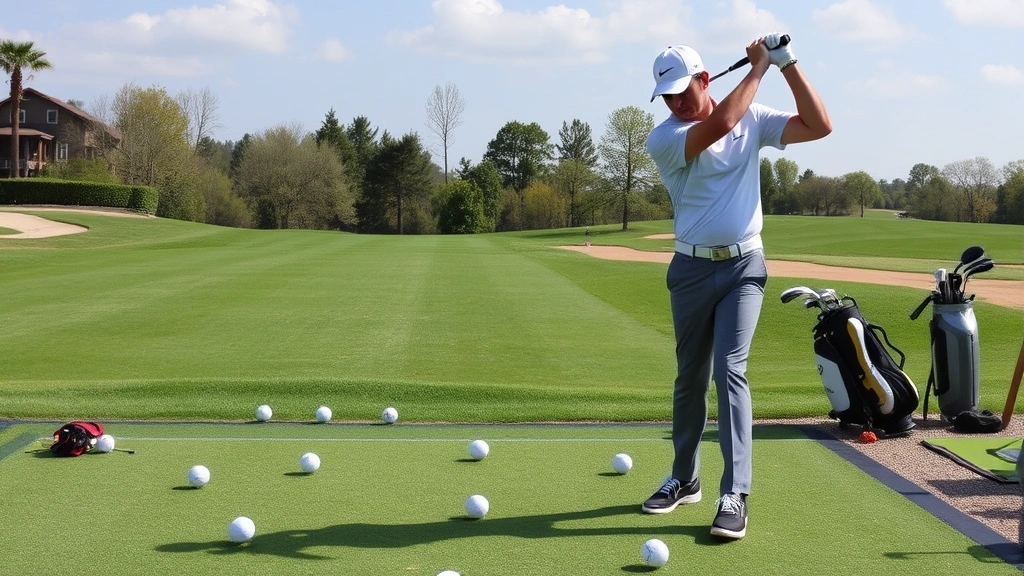 Practice session at range with multiple golf balls, golfer executing full swing with perfect form and balance