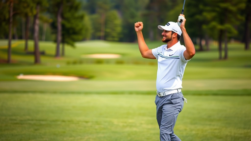 Golfer celebrating successful shot on fairway with course landscape and trees in background, confident body language, beautiful golf course environment