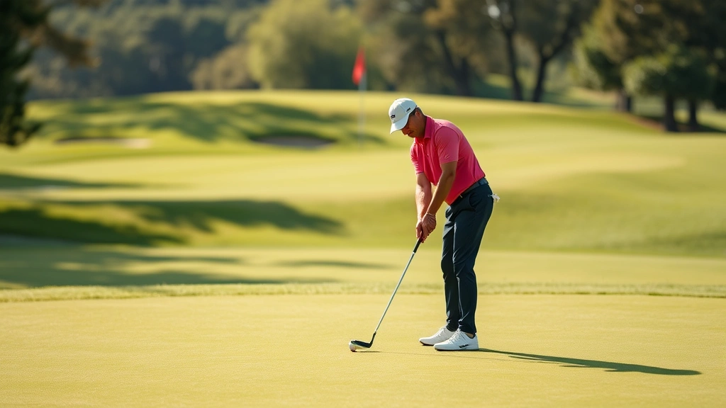 Golfer putting on pristine green with flag in background, natural light, manicured course conditions, peaceful golf course environment