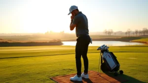 Golfer at address position on tee box with concentration, morning light on fairway with water hazard visible in distance, professional stance and posture demonstration