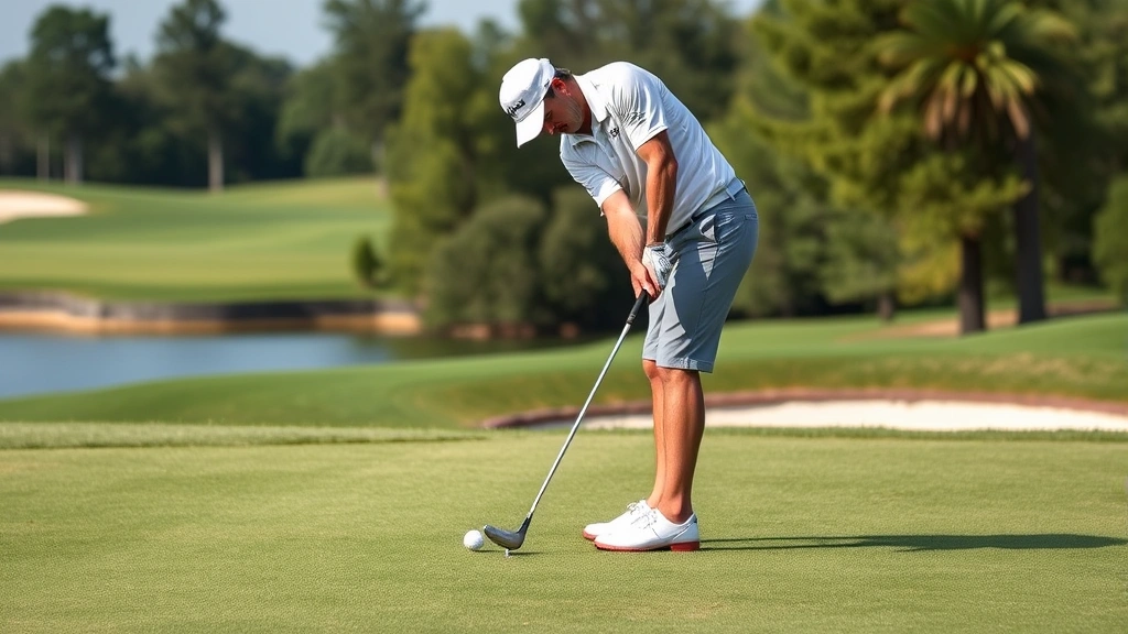 Golfer executing chip shot near green with elevated terrain, demonstrating proper short game technique with narrower stance, ball positioned center to back, disciplined swing mechanics