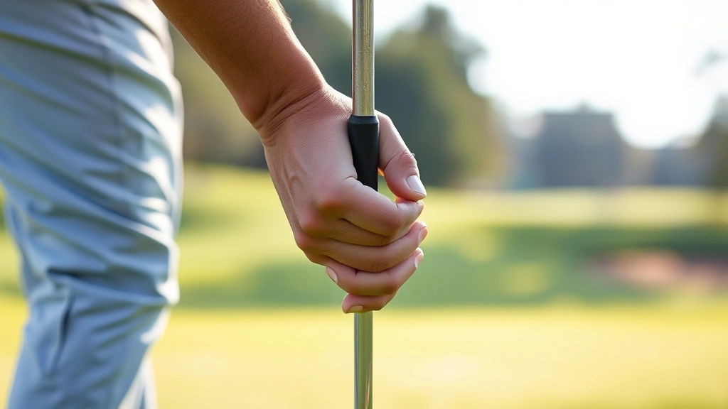 Close-up of golfer's hands gripping club at address position, proper stance visible, well-maintained golf course green in soft focus behind