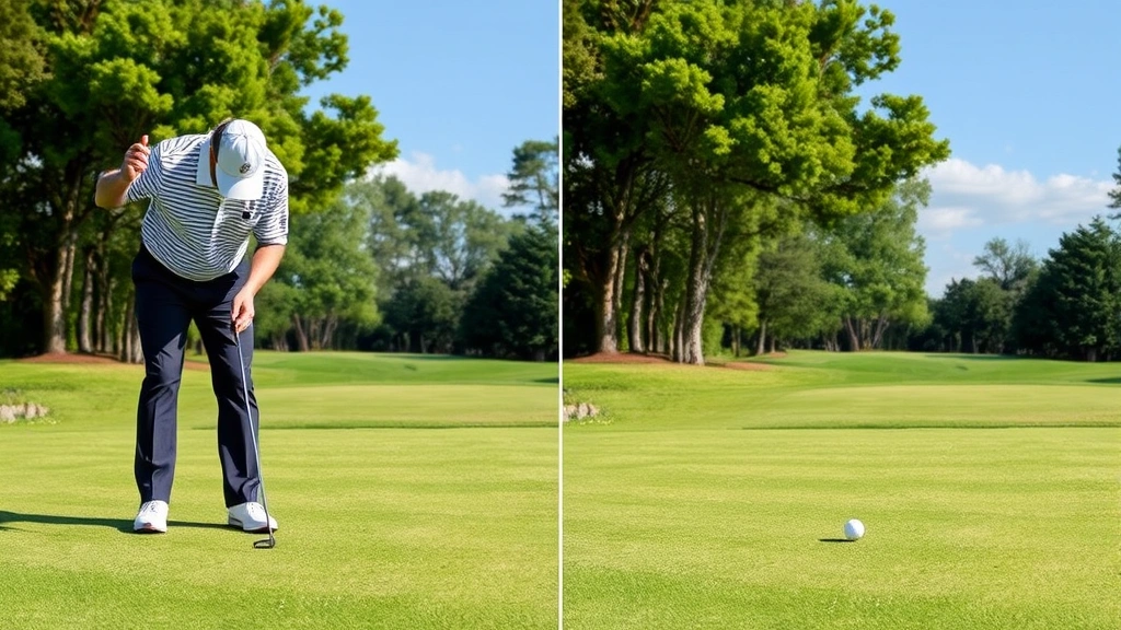 Golfer reading green from multiple angles before putting, examining slope and contours, showing systematic approach to green reading with careful observation from different perspectives