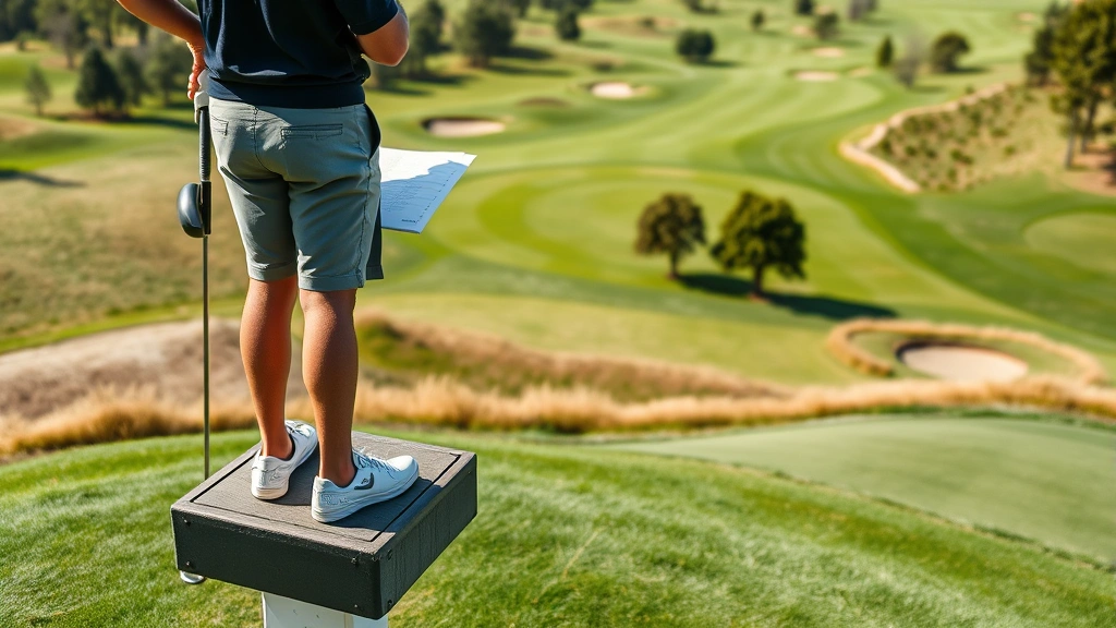 Golfer standing on elevated tee box surveying course layout, studying yardage book, strategic planning moment, scenic course landscape with fairways and greens