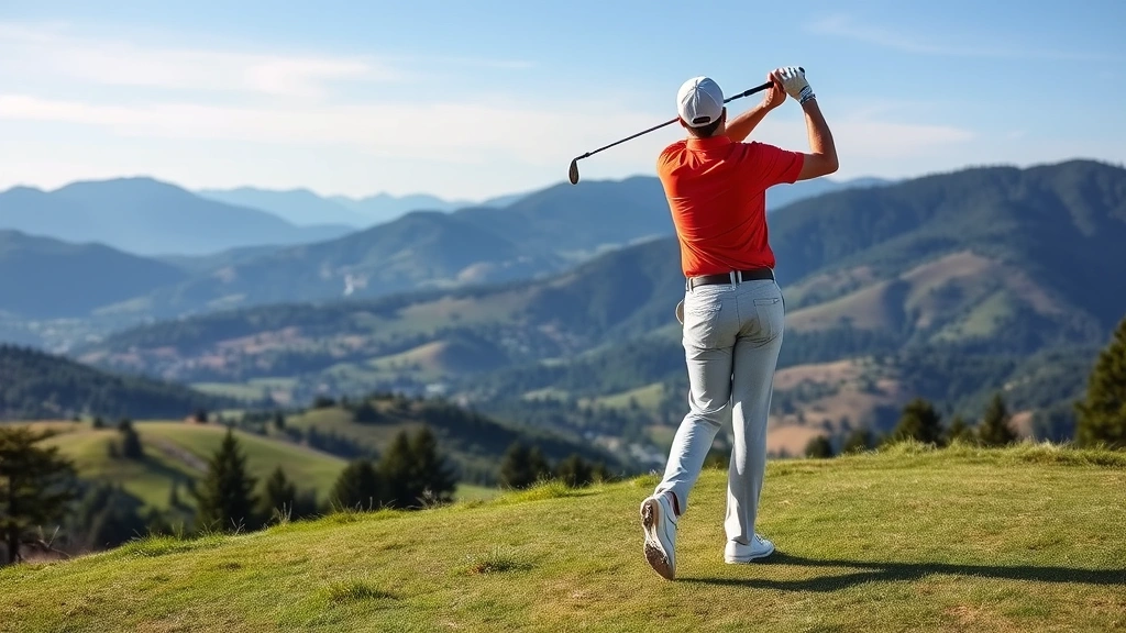 Professional golfer mid-swing on scenic mountain golf course with rolling terrain, trees, and blue sky, demonstrating proper form and posture during full swing