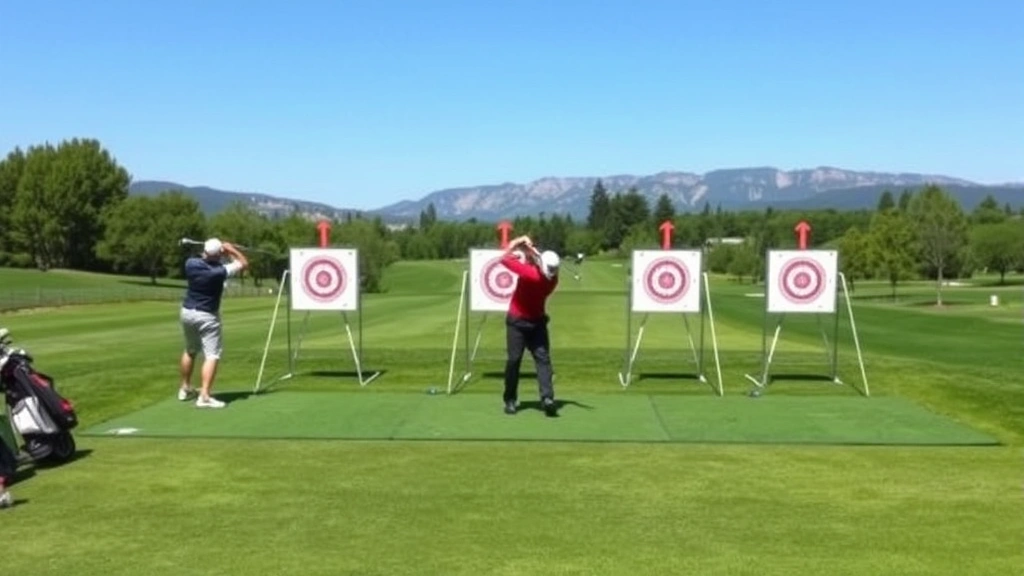 Golf practice facility with multiple golfers hitting balls at range targets with elevation markers visible, mountains in background, showing deliberate practice techniques