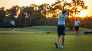 A young student in golf attire practicing swing technique on a lush fairway at sunset, instructor observing in background, natural learning environment