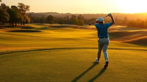 Golfer mid-swing on pristine fairway with manicured greens and natural landscape in background, golden hour sunlight, photorealistic