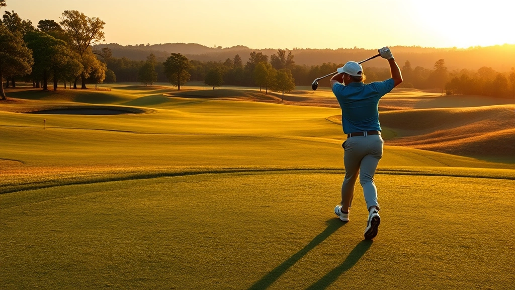 Golfer mid-swing on pristine fairway with manicured greens and natural landscape in background, golden hour sunlight, photorealistic