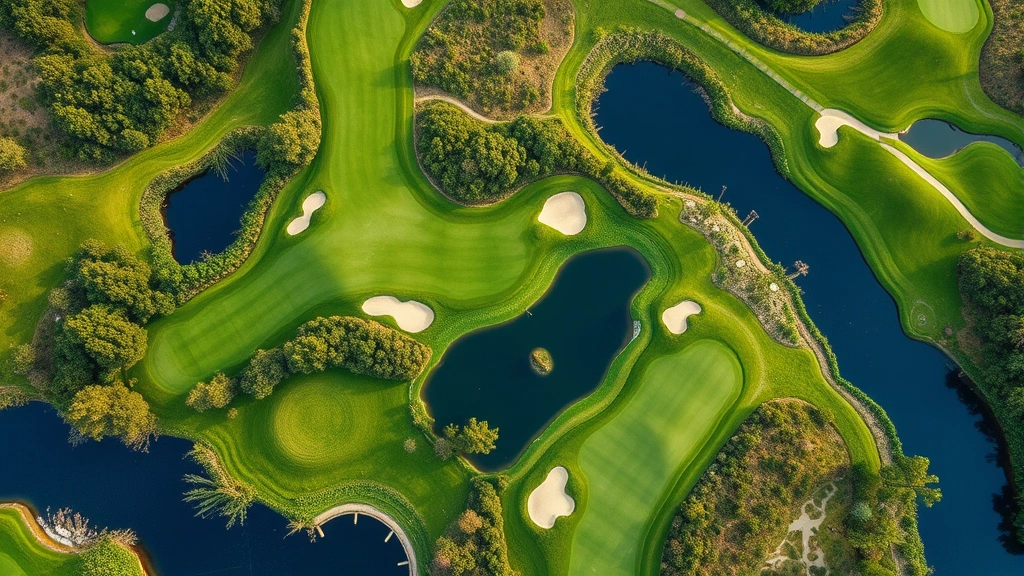 Aerial view of a well-maintained golf course with varied terrain, water features, and landscaping demonstrating environmental design and ecological habitat