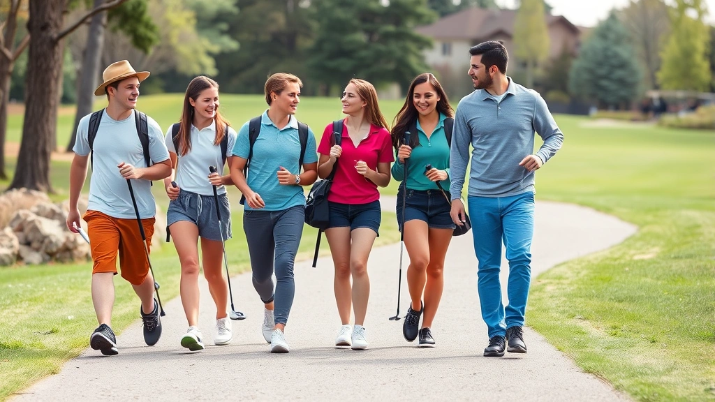 Diverse group of students of different ages walking together on a golf course path, carrying clubs, engaged in conversation, showing community and inclusivity