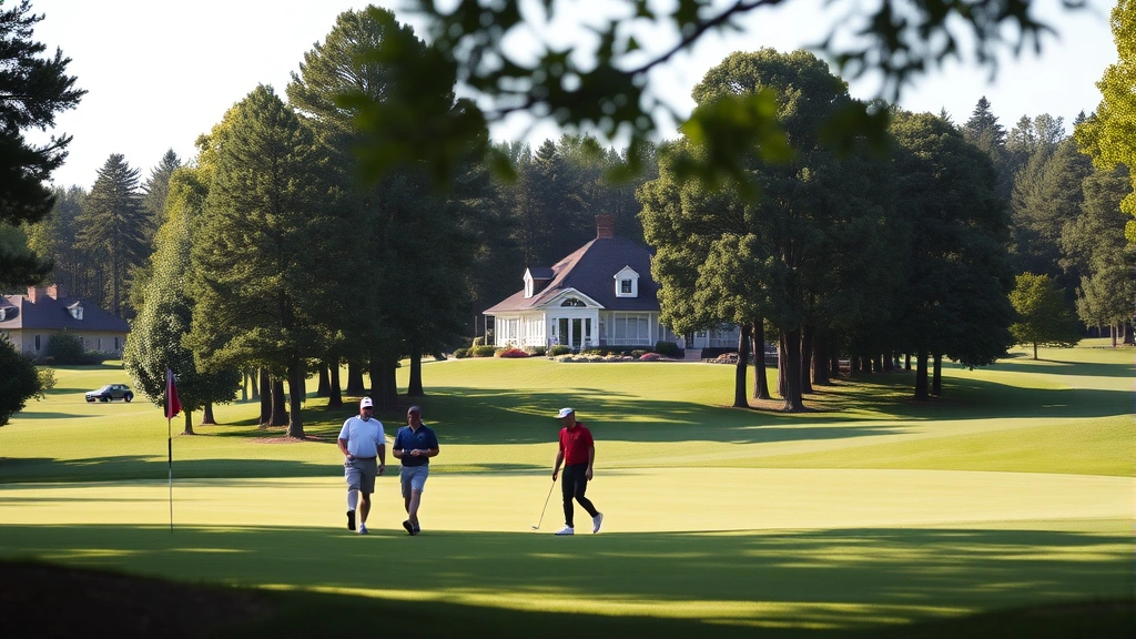 Golfers walking on fairway with clubhouse visible in distance, trees framing the course, natural lighting, peaceful golfing atmosphere