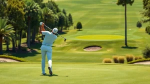 Professional golfer mid-swing on well-maintained fairway with elevated green visible in background, lush grass and bunkers surrounding, bright natural daylight, photorealistic