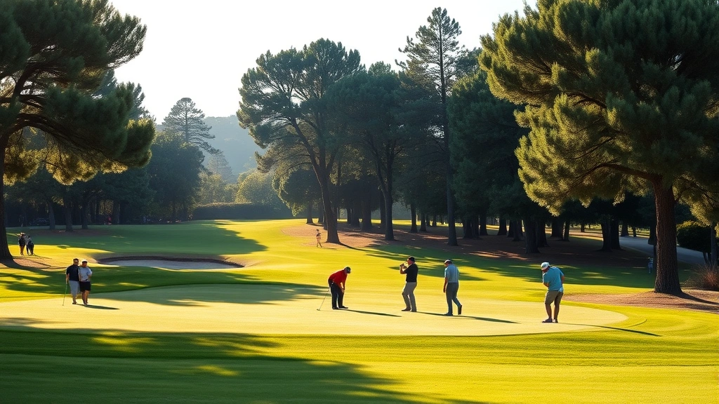 Golfers playing on well-maintained fairway with trees framing hole, morning sunlight, natural landscape, California golf course aesthetic, diverse group of players