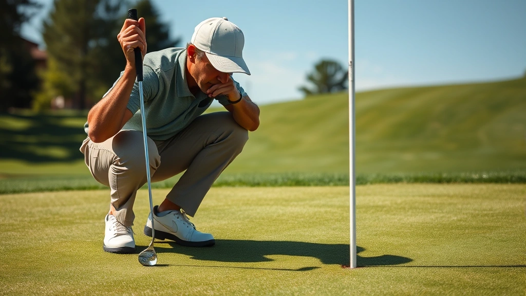 Golfer analyzing green contours while crouching near flagstick, reading break lines, concentrated expression, manicured green with subtle elevation changes, natural sunlight creating shadows