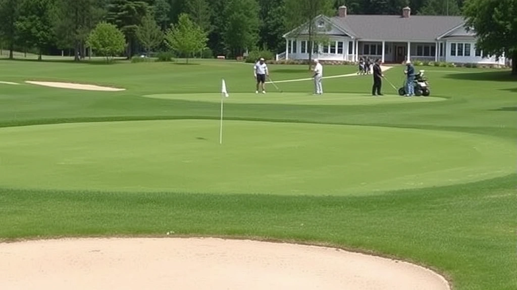 Golf course practice green with putting surface, practice chipping area, golfers warming up before round, clubhouse structure in background, professional maintenance visible