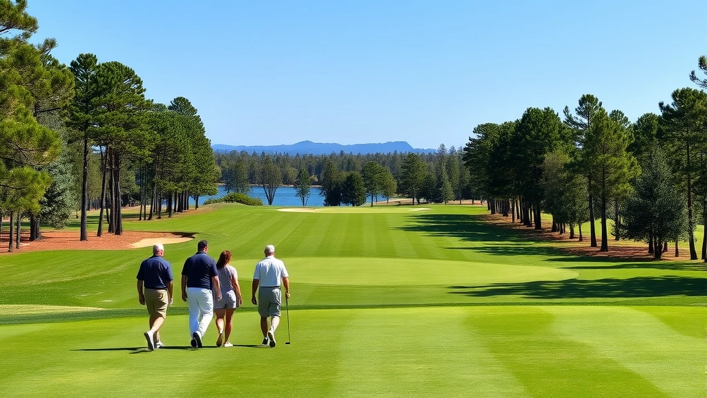 Group of golfers walking fairway toward distant elevated green, scenic golf course landscape with trees and water features visible, professional course conditions, clear blue sky