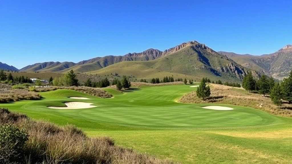 Scenic golf hole with elevation changes, bunkers protecting green, fairway curving through natural terrain, trees and vegetation, blue sky, peaceful golf environment